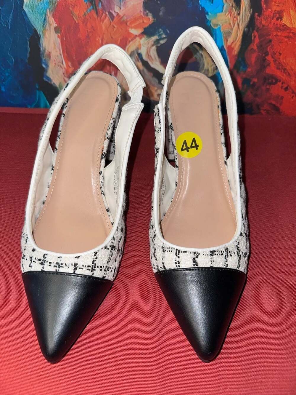 No.44 JustFab Edith White & Black Tweed Boucle Pointed Toe Slingback Block Heel